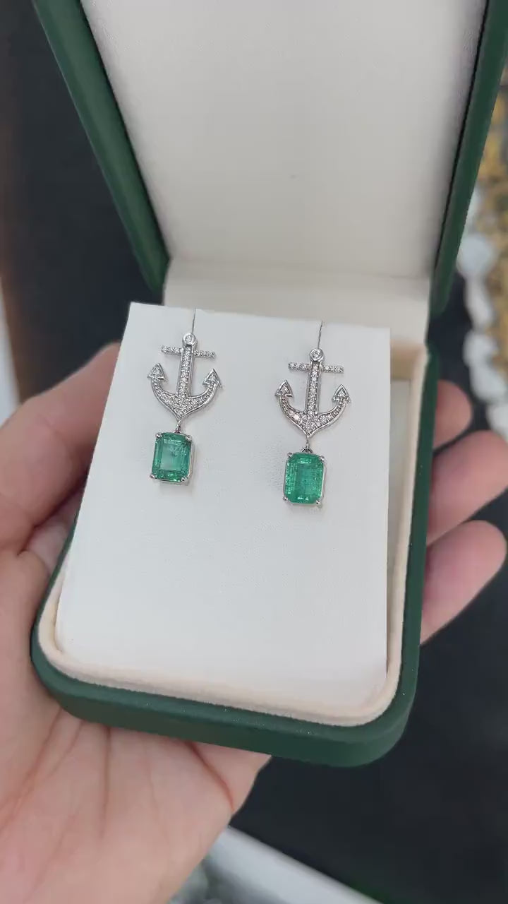 3.50tcw 14K Natural Lush Green Emerald & Diamond Anchor Dangle Earrings