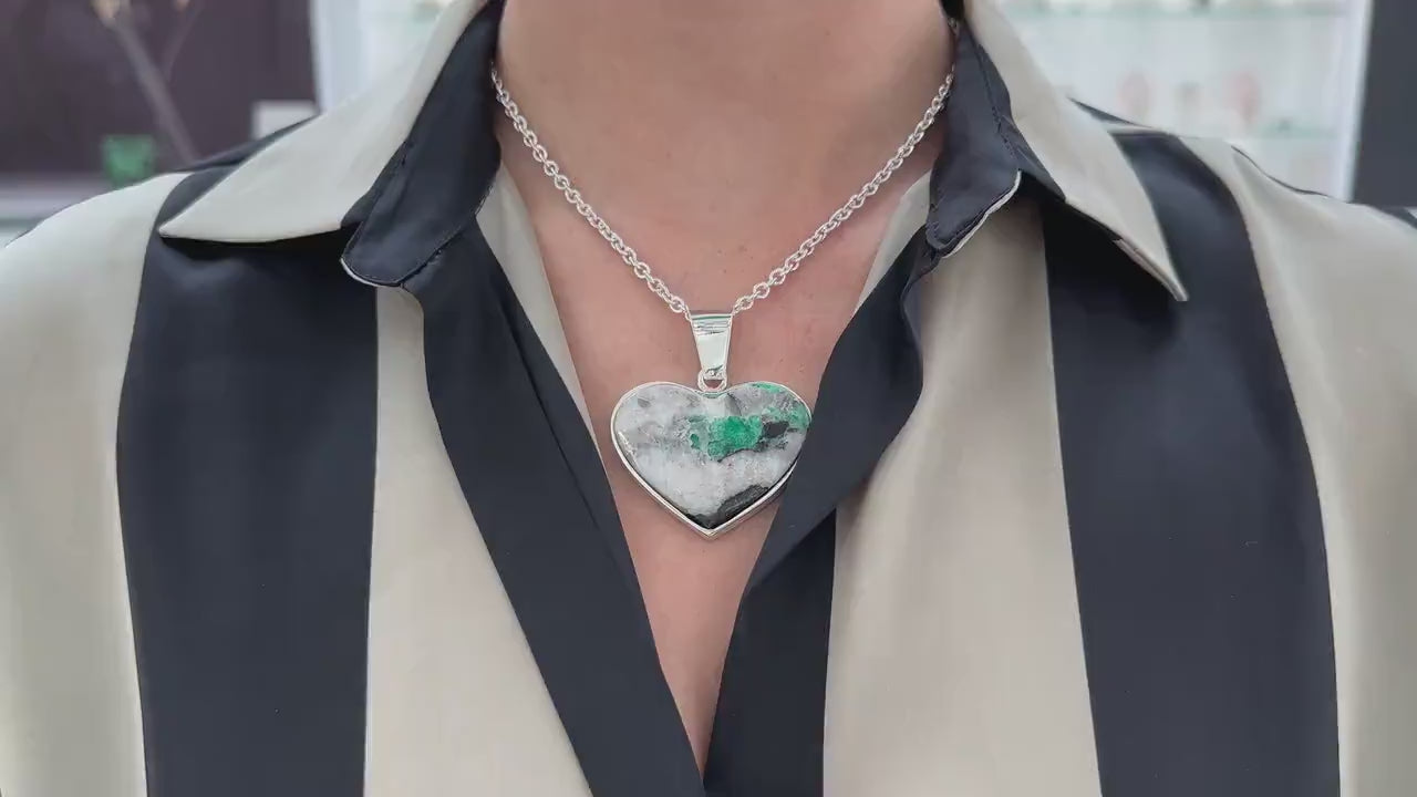 925 Rough Gem Massive Silver Emerald in Matrix Heart Pendant