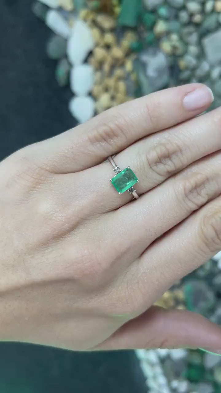 70 Total Carat Weight Medium Green Emerald-Cut Sterling Silver Ring with Brilliant Round Diamond Accents