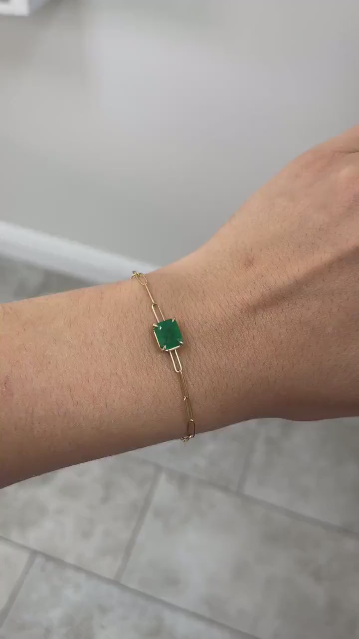 Elegant 14K Paperclip Bracelet Featuring a 2.68ct Natural Emerald Cut Gem in a Lush Dark Green Hue and East to West Prong Setting