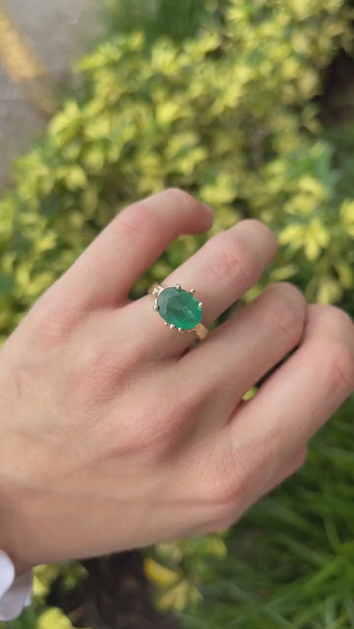 Organic Emerald Ring in 14K Gold Featuring a 4.04ct Dark Green Oval Stone