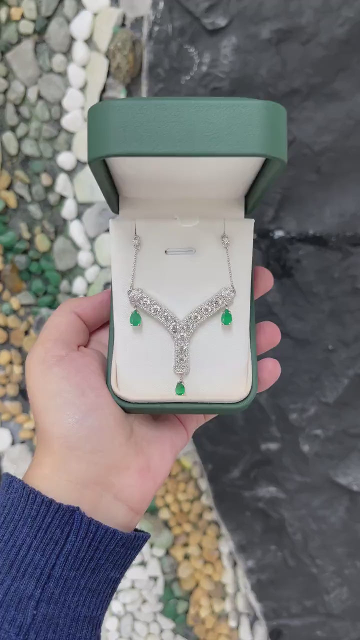 5.92ct Total Weight Diamond & Emerald Y Shape Pendant Necklace in 18K Gold