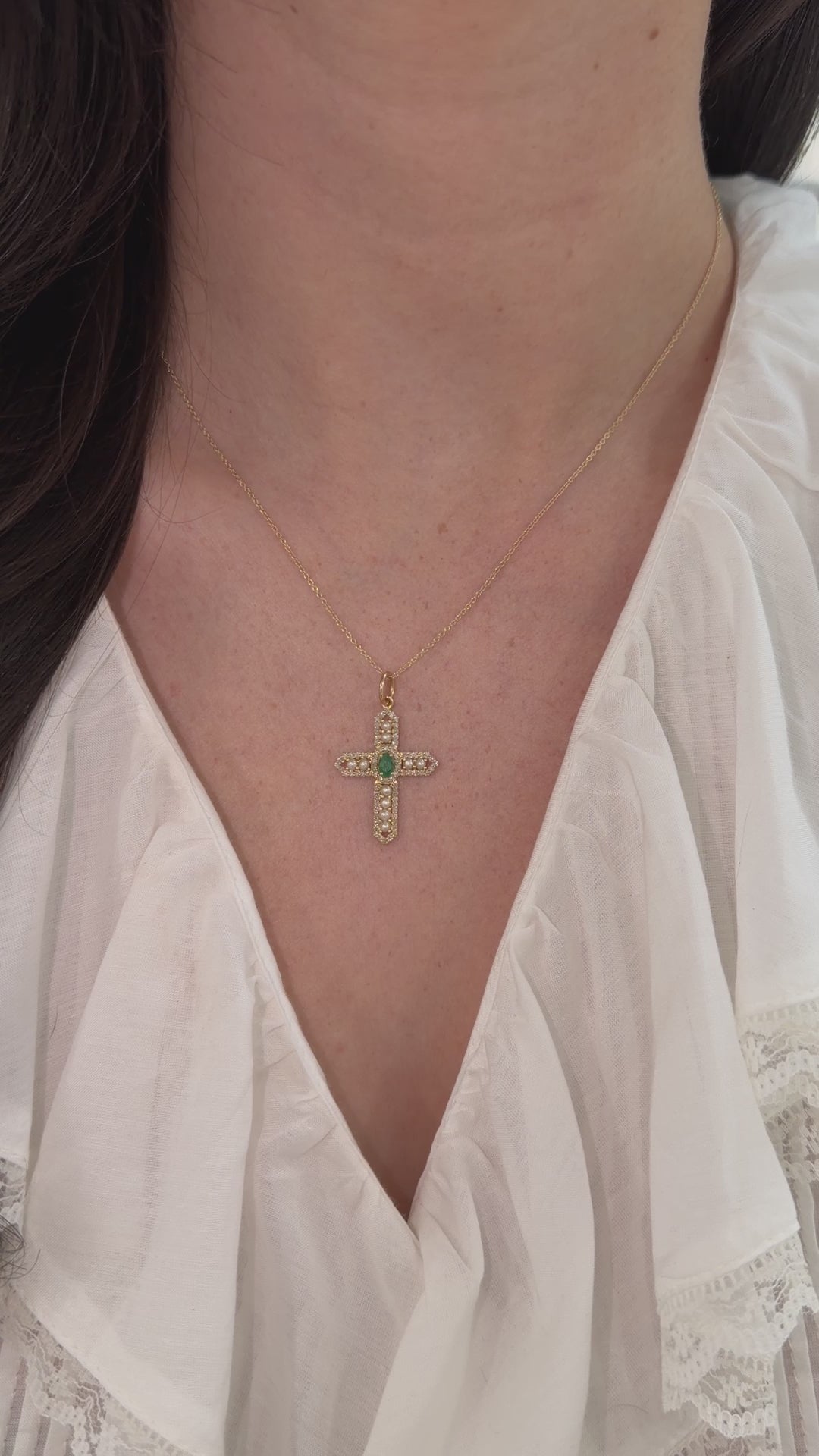 1.54tcw 14K Regal Natural Emerald, Diamond, and Pearl Cross Pendant
