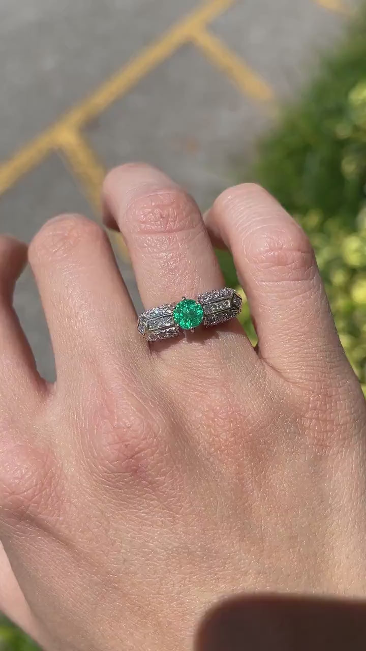 18K Gold Ring Featuring a 1.85tcw Round Cut Colombian Emerald and Diamond Highlights