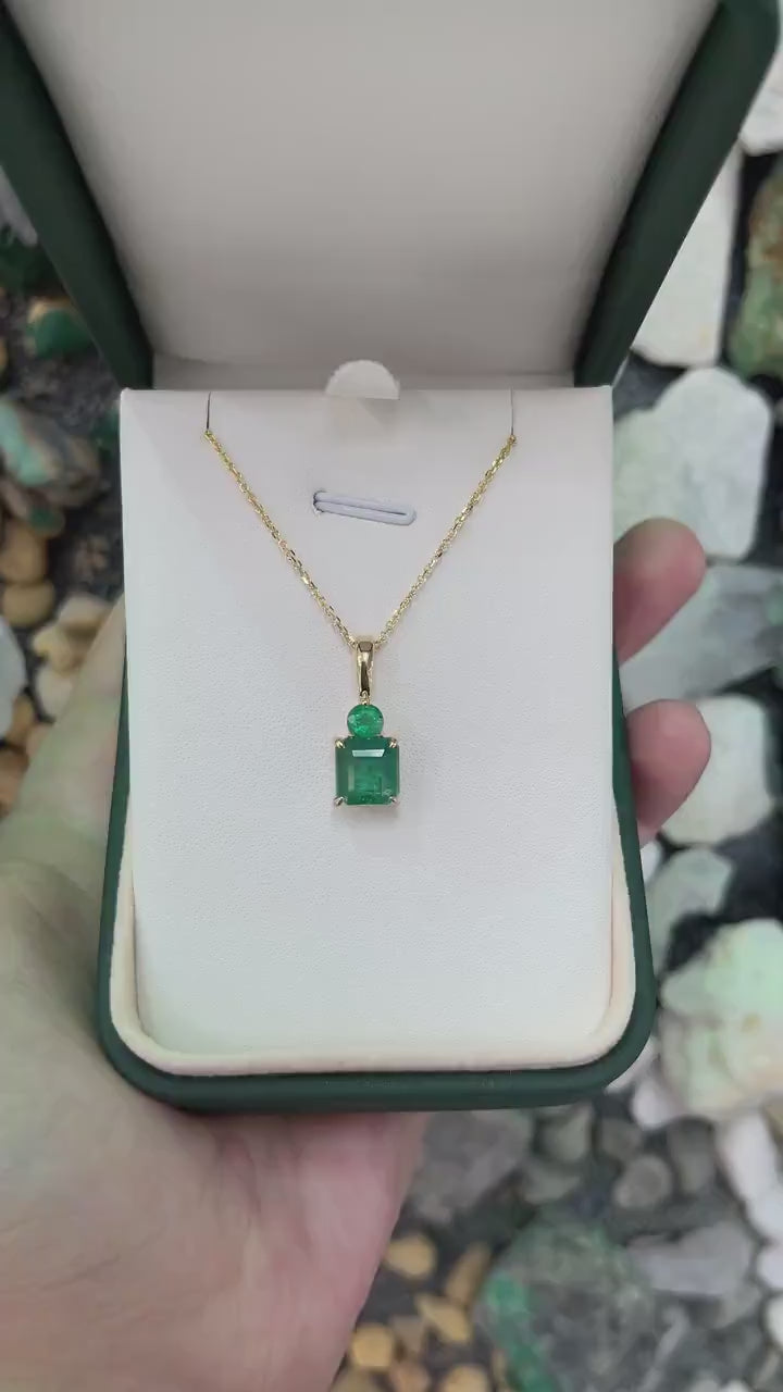 14K Gold Toi et Moi Necklace featuring 4.46tcw Zambian Emerald and Asscher/Round Pendants