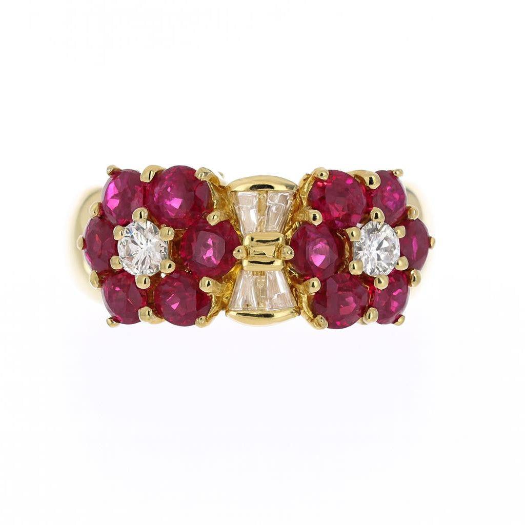 1.88tcw natural ruby and diamond wide band ring in 18K yellow gold with floral cluster design