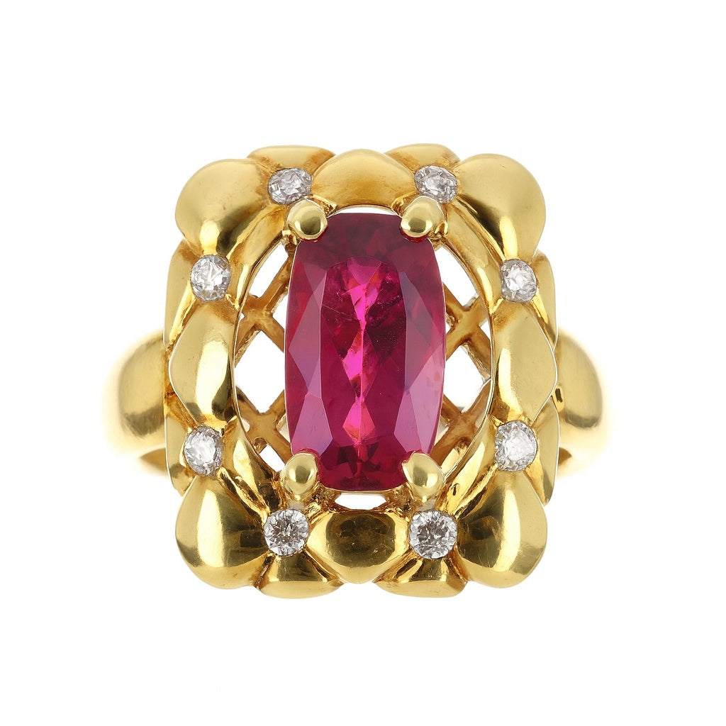 3.60tcw natural rubellite and diamond cocktail ring in 18K yellow gold with convex emerald cut magenta rubellite and brilliant round diamonds