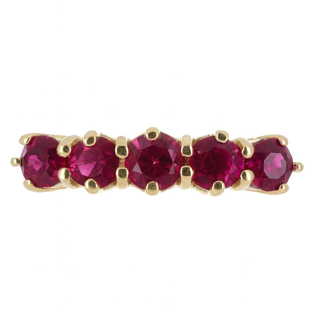 AAA+ high fashion rubellite ring band with five round magenta rubellite stones set in 14K yellow gold
