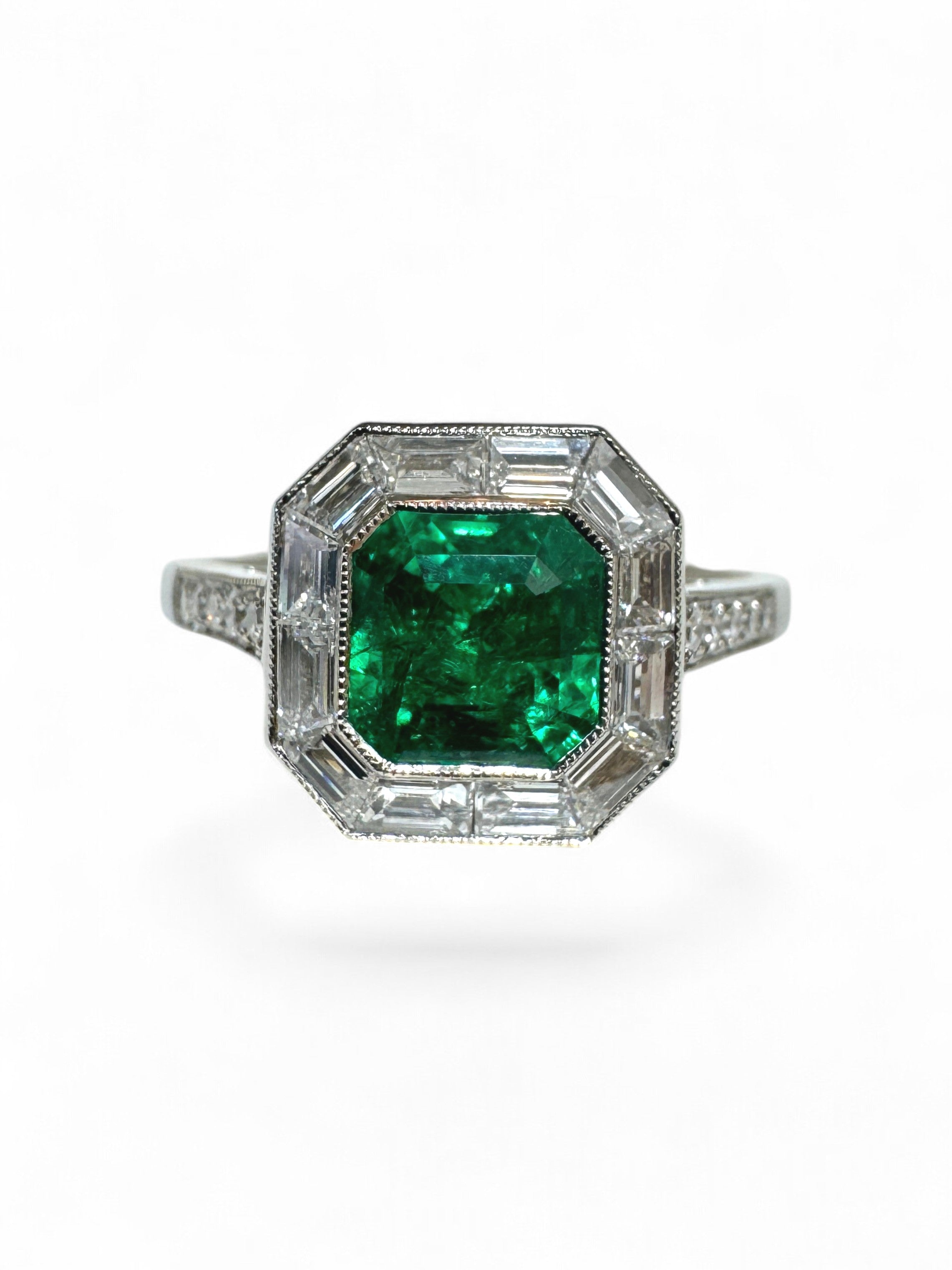 1.55tcw AAA+ Platinum Asscher Cut Emerald & Baguette Diamond Halo Art Deco Ring