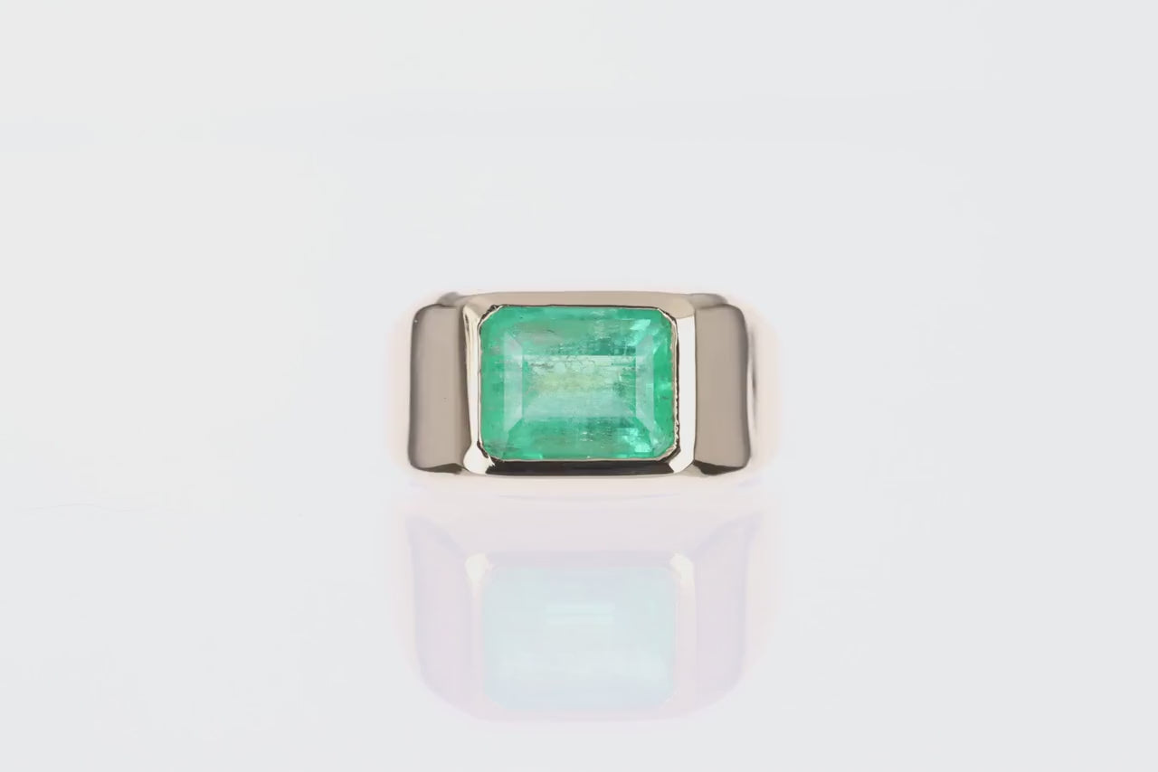 Real Colombian Emerald cut-emerald 3.68 carat Signet Solitaire 14K Pinky Mens Ring