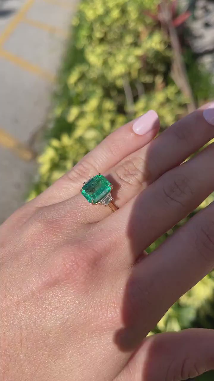 4.80tcw 18K 3 Stone AAA Quality Heirloom Colombian Emerald & Trapezoid Diamond Engagement Ring