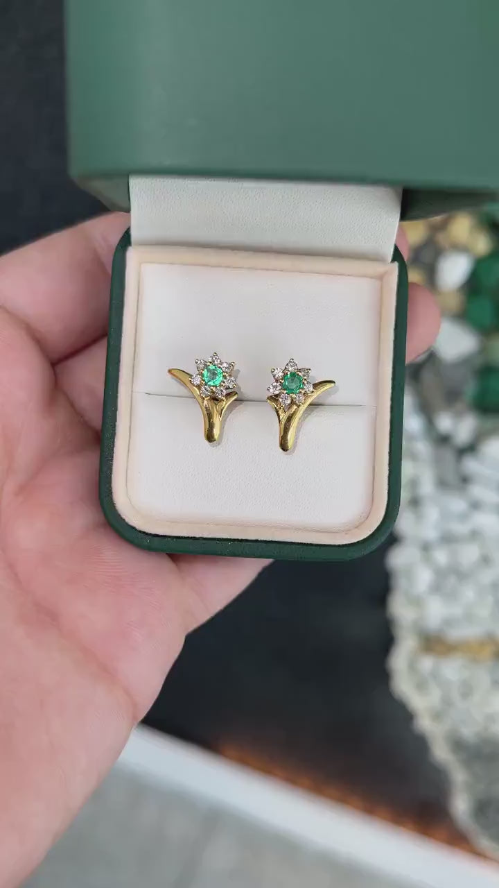 0.36-Carats 18K Gold Natural Spring Green Emerald & Diamond Floral Halo Accent Stud Earrings