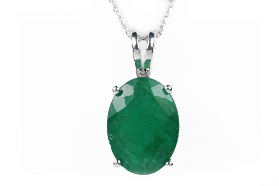 3.60cts Solitaire four prong Dark Green Oval Emerald Silver Necklace