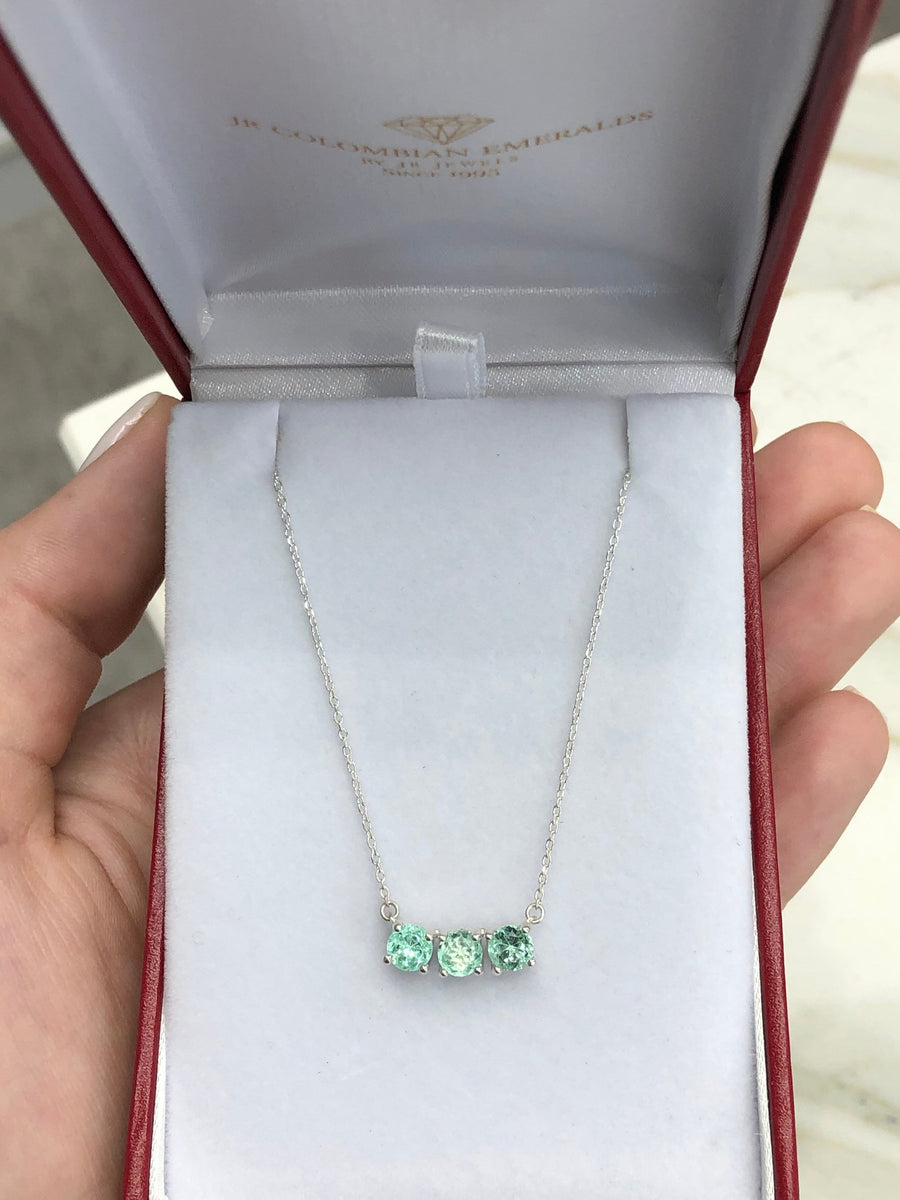 1.65tcw Three Stone Round Emerald Silver Prong Necklace GIFT