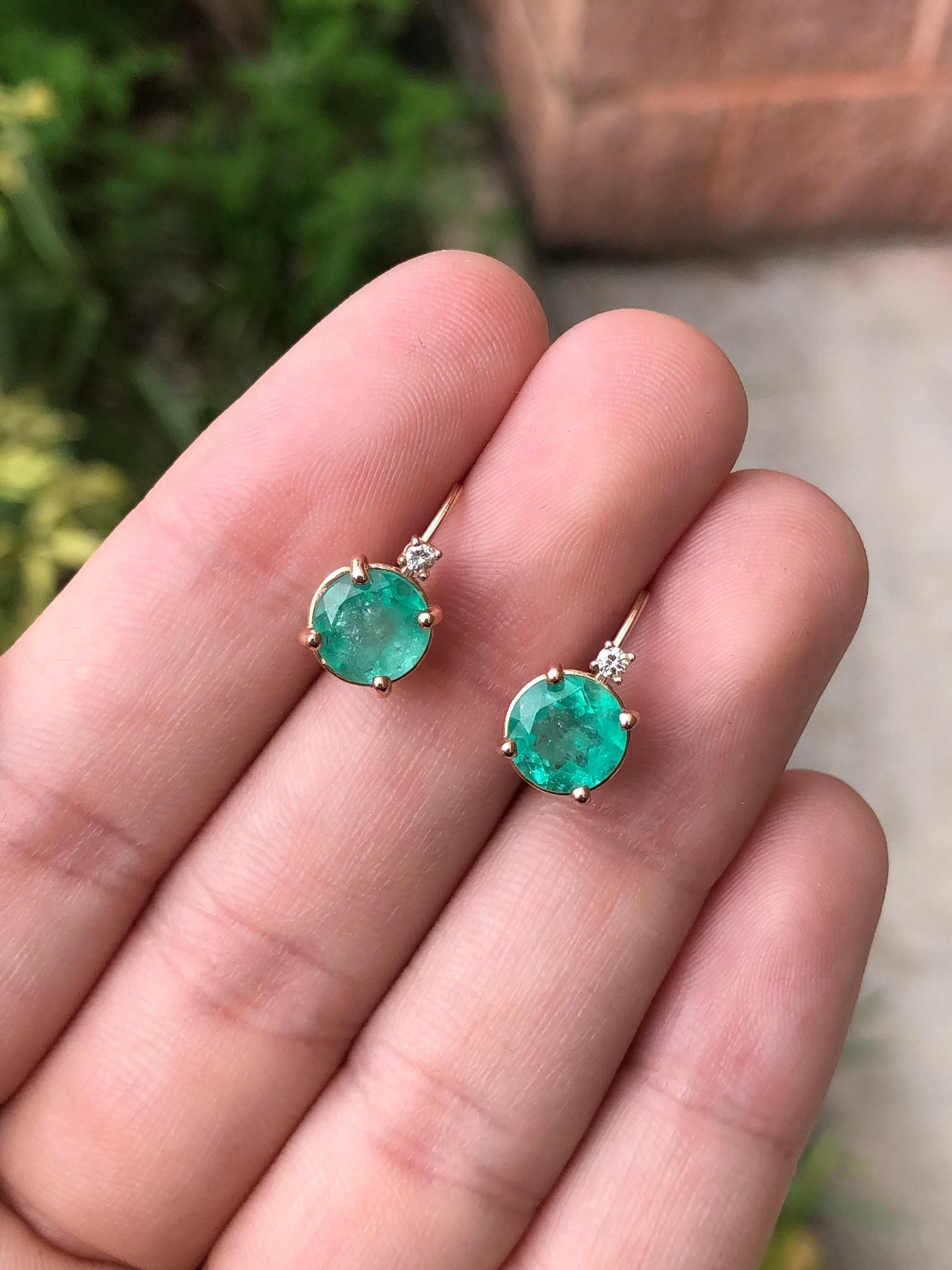 3.10tcw Round Natural Colombian emerald and Diamond Lever Back Earrings 14k