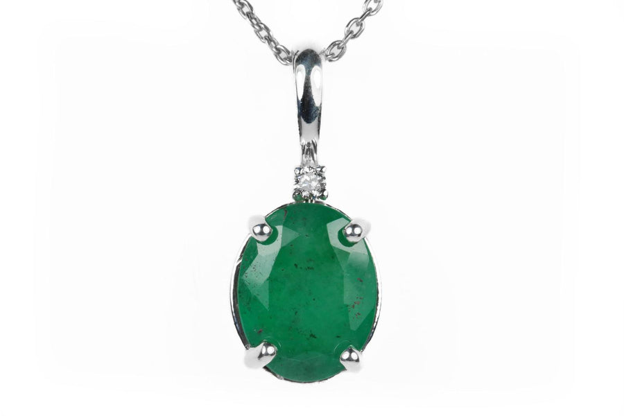 2.69 Carat Dark Green Emerald Oval and diamond Accent Silver 4 prong Necklace 925
