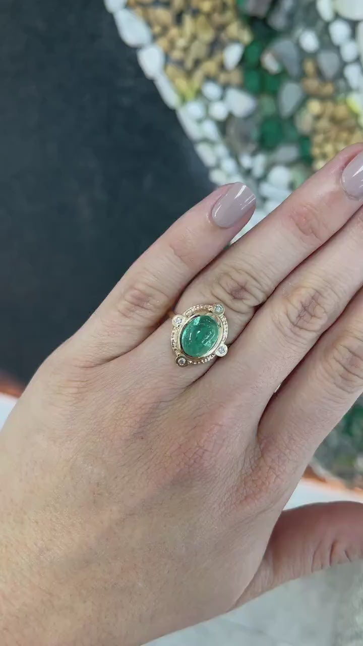 5.45tcw 14K Rare Oval Cabochon Cut Medium Bluish Green Vintage Styled Emerald & Diamond Accent Ring