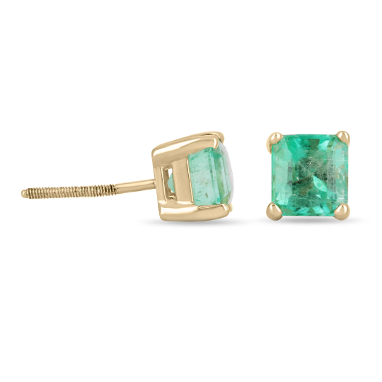 2.05tcw 5.5x5.5 Asscher Cut Emerald Screw Back Studs 14K - JR Colombian Emeralds