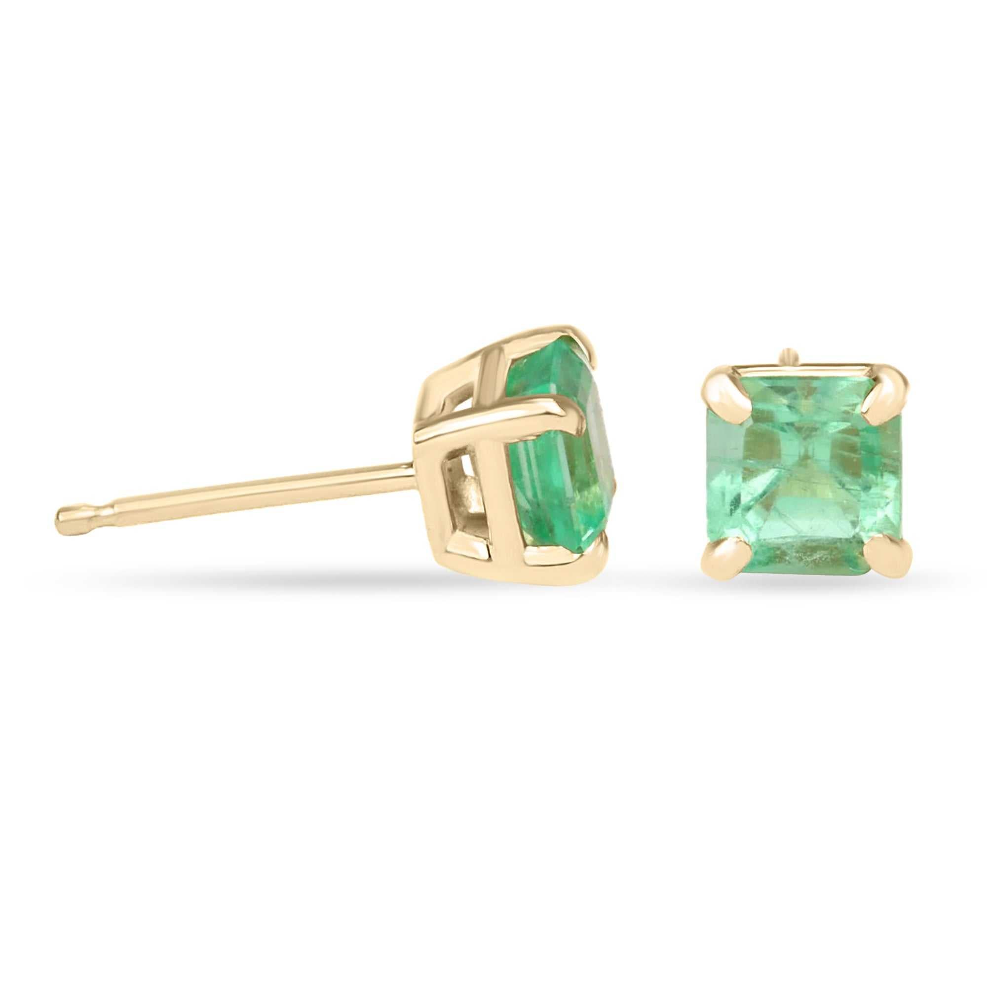 1.05tcw Real Earth mined Petite Emerald Asscher Cut Stud Earrings 14K - JR Colombian Emeralds