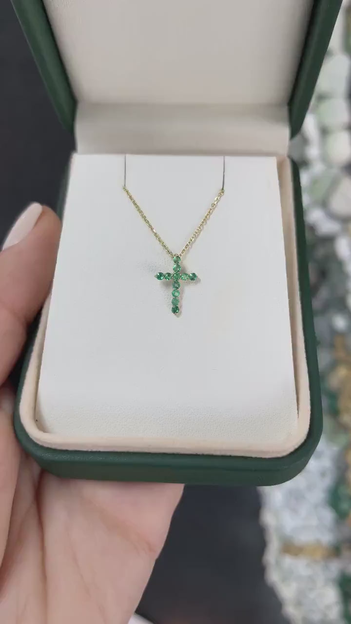 0.25tcw 14K Petite Round Cut May Emerald Religious Cross Gold Necklace