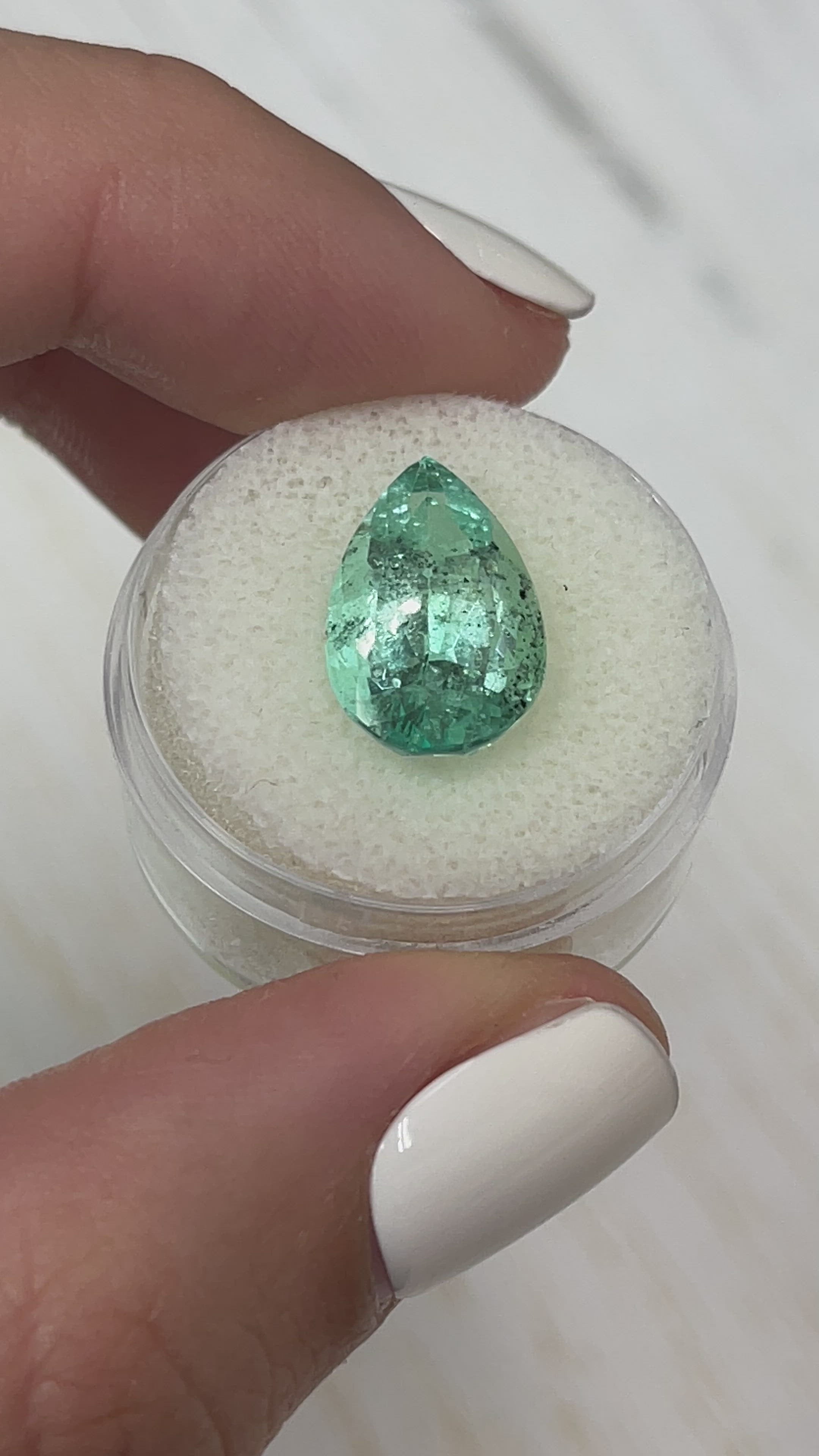 6.41 Carat 16x10 Light Green Freckled Natural Loose Colombian Emerald-Pear Cut