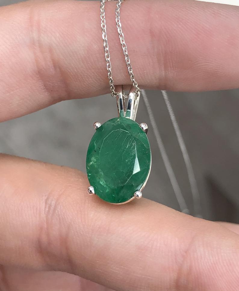 3.60cts Solitaire four prong Dark Green Oval Emerald Silver Necklace