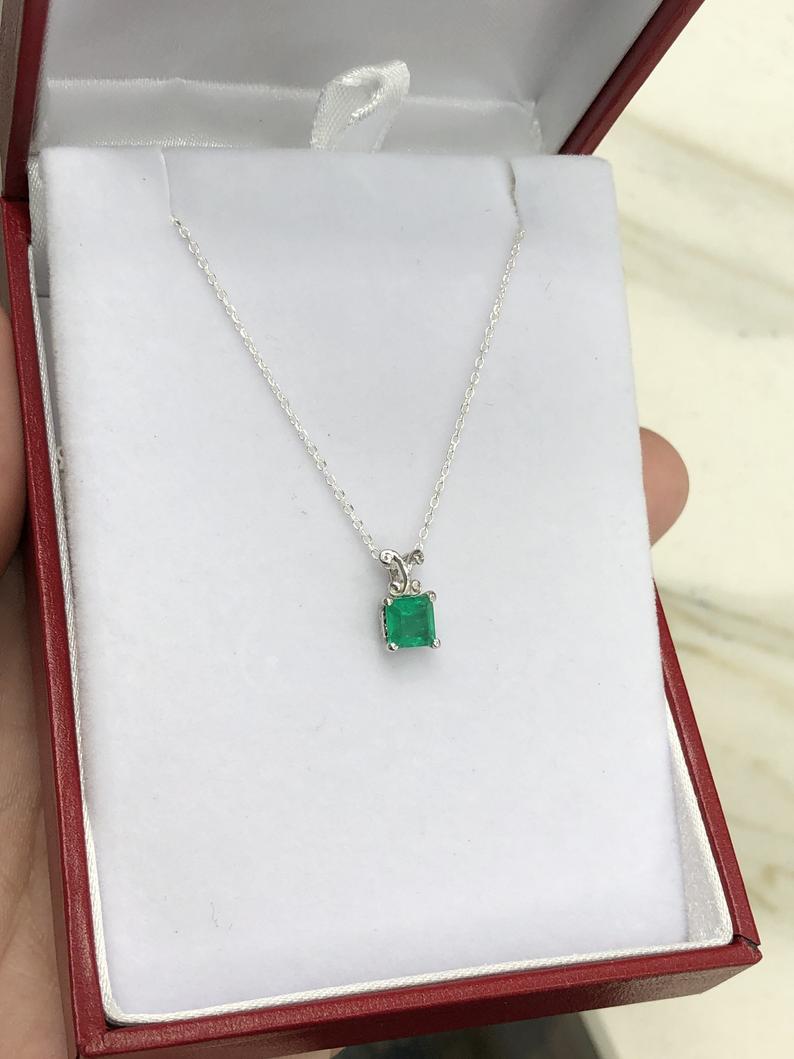 Asscher Emerald 0.90 Carat Carved Scroll Solitaire Pendant 18" Chain Gold 14K