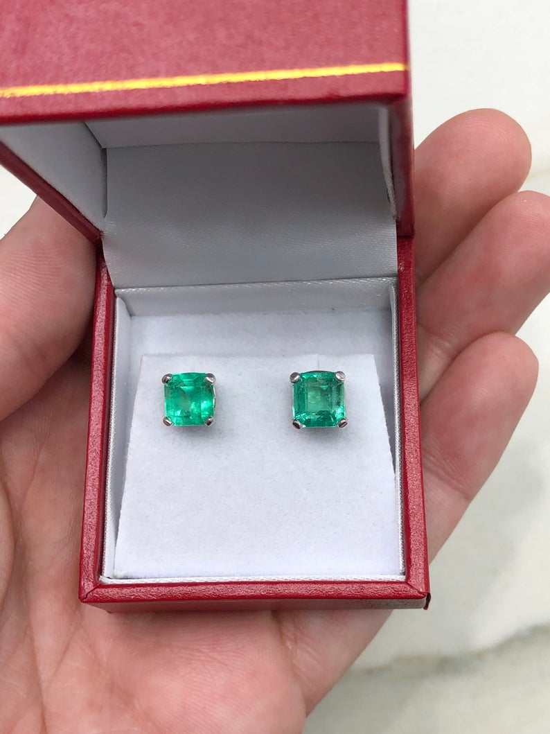 Asscher Cut Emerald Stud Earrings 14K White Gold