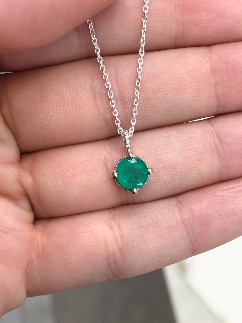 1.20tcw Round Emerald & Diamond Accents Pendant 14K