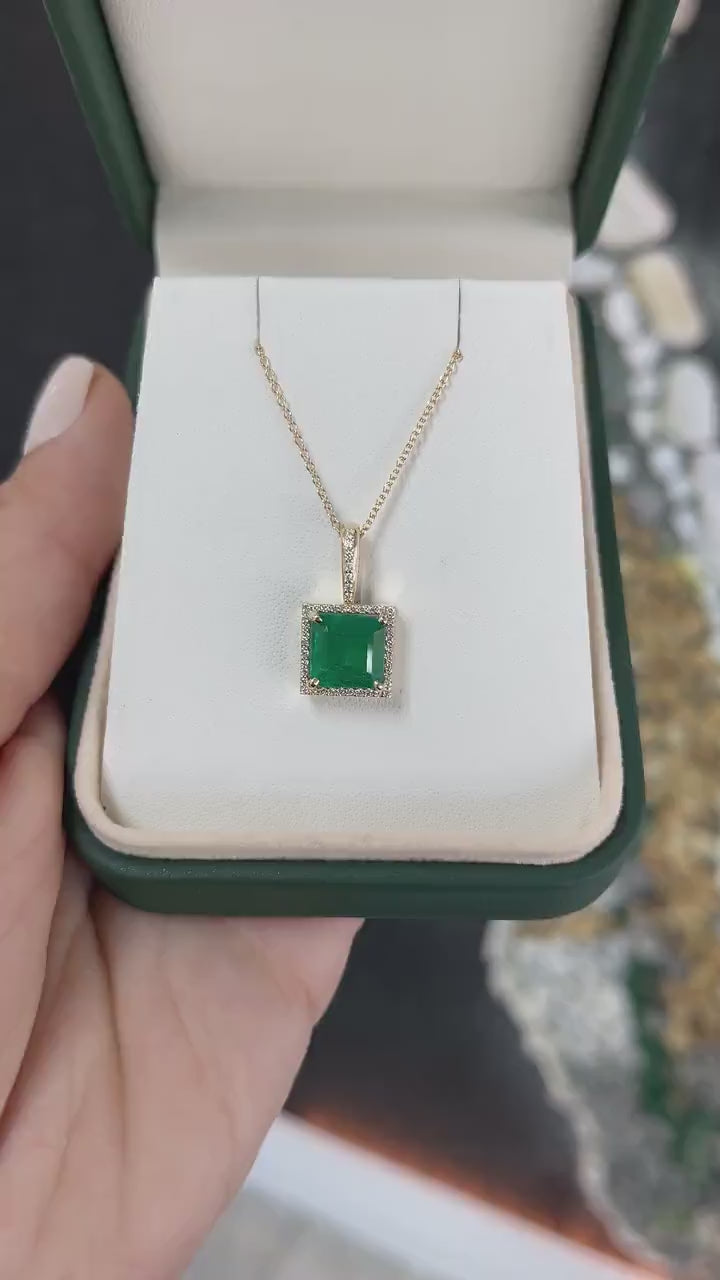 3.15tcw 14K Deep Green Princess Asscher Cut Emerald & Diamond Halo Gold Pendant Necklace