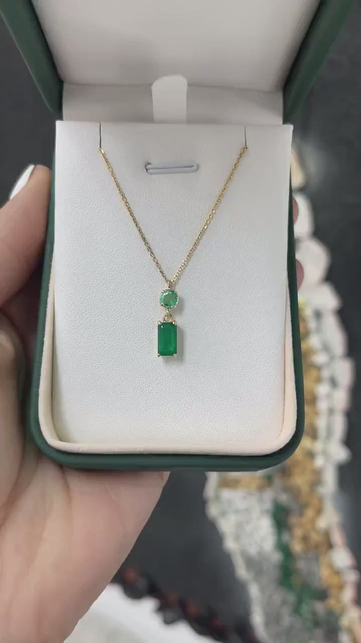 2.14tcw 14K Gold Vertical Emerald Cut and Round Dangle 4 Prong Pendant Necklace