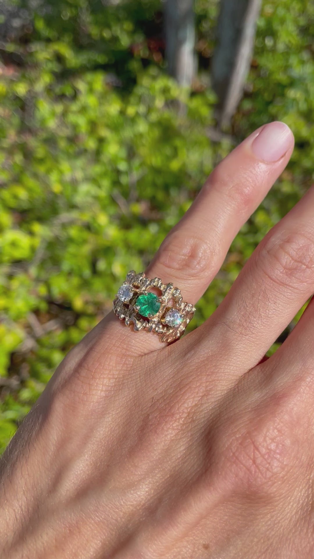 1.54tcw Natural Deep Green Round Emerald & Diamonds Hand Made Nugget Ring Solid 14K