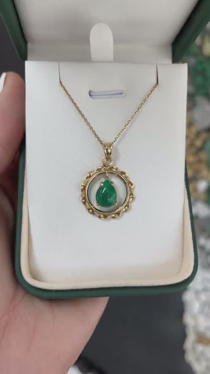 3.75cts 14K Natural Emerald Pear Cut Cabochon Vintage Solitaire Anniversary Pendant Necklaces