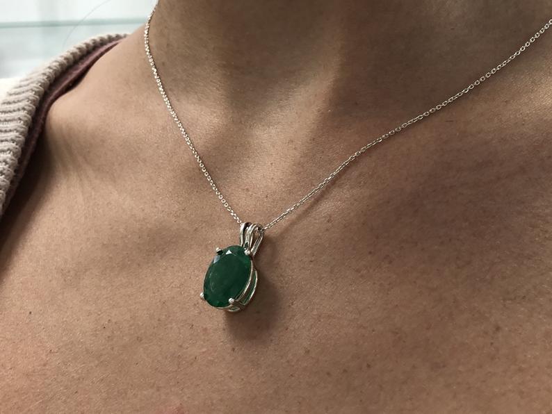 Dark Green Oval Emerald Silver Necklace