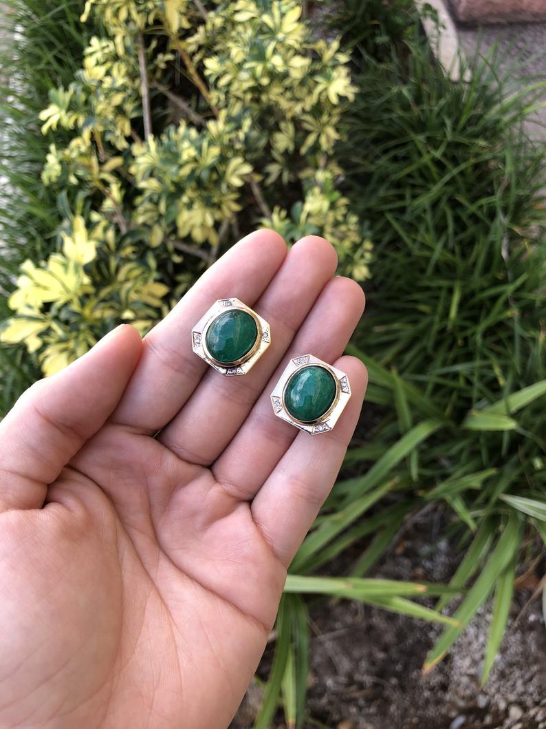 22 Carat Huge Heirloom Rare Colombian Emerald Cabochon Gold Omega Earrings solid 14K