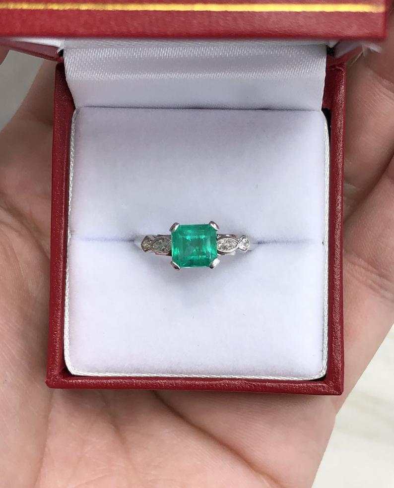 1.47tcw Asscher Rich Green Emerald & Marquise Diamond Ring 14K White Gold