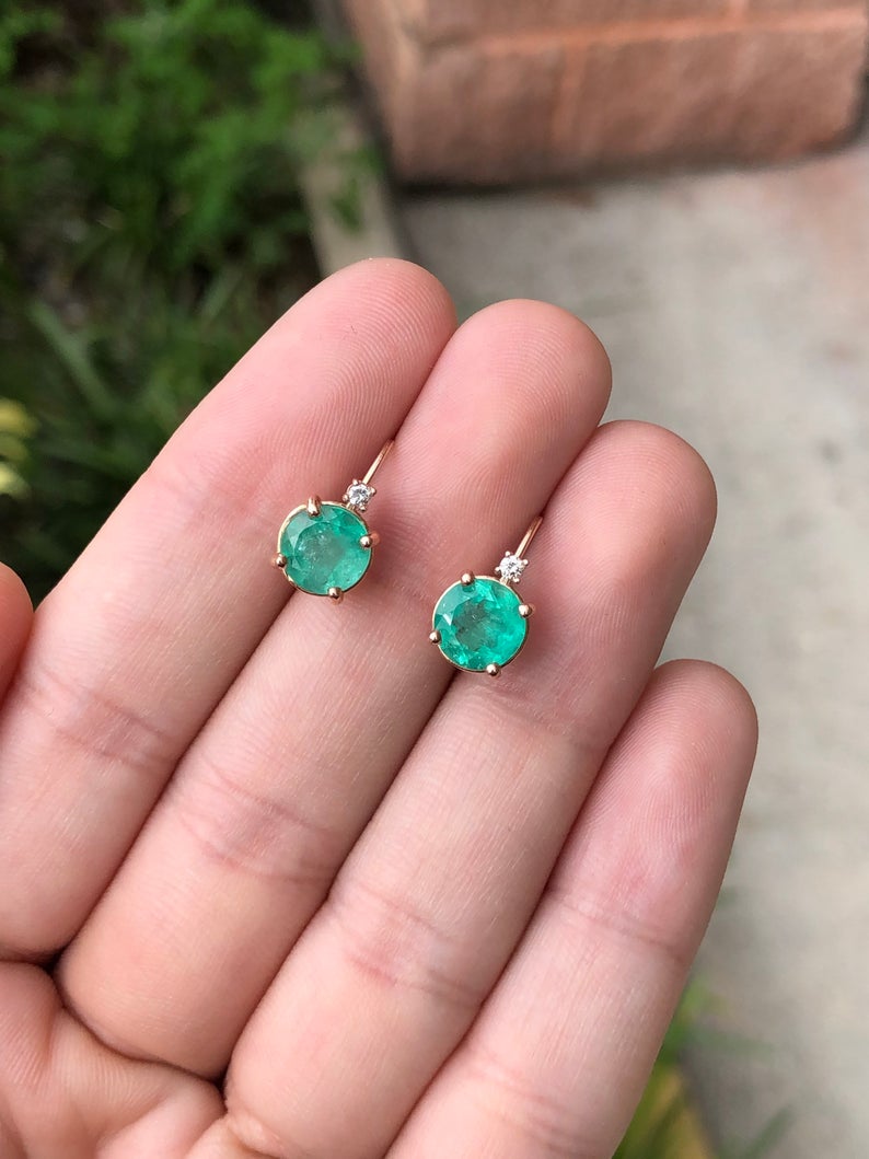 3.10 carat large Round Natural Colombian emerald and Diamond Lever Back Earrings