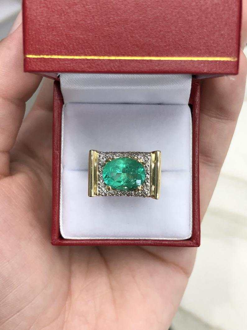 6.08tcw Vintage Antique Colombian Oval Emerald & Diamond Cluster Ring 14K