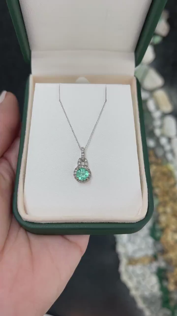 1.10tcw 14K Emerald Round Cut & Diamond Halo Accent White Gold Pendant Necklaces