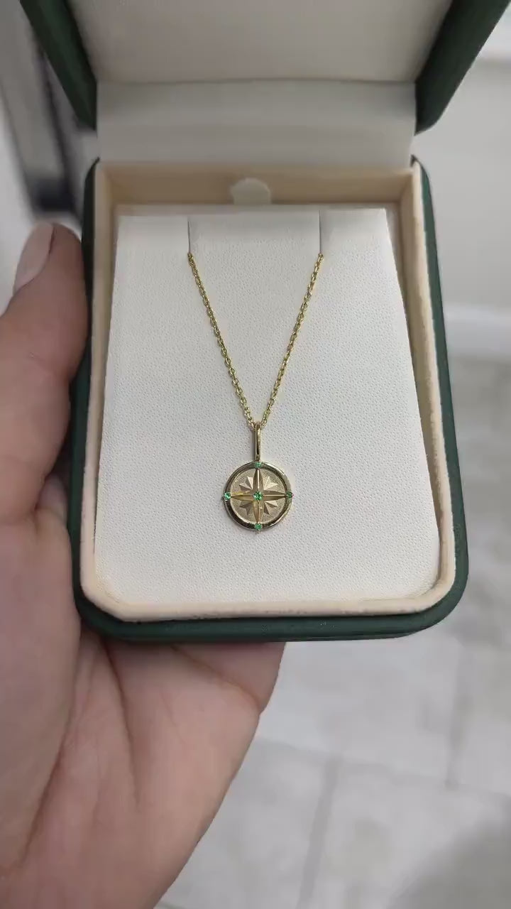 0.10-Carats 14K Gold Petite Natural Vivid Medium Green Emerald Compass Pendant Necklace