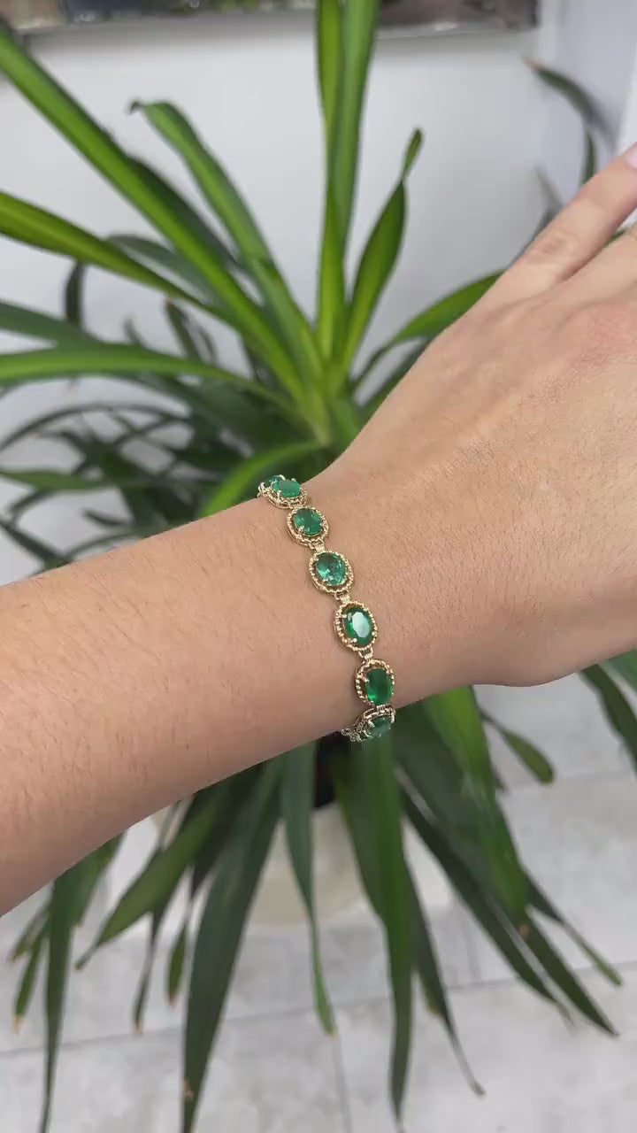 11.06tcw AAA 18K Natural Emerald-Gemstone 360 Oval Cut Gold Statement Bracelet