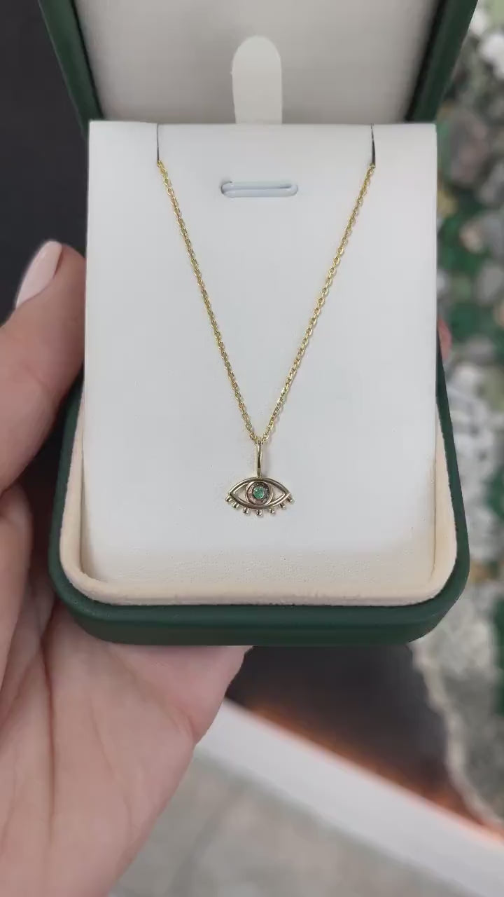 0.10-Carats Round Cut Emerald Evil Eye Real 14K Gold Pendant Necklace