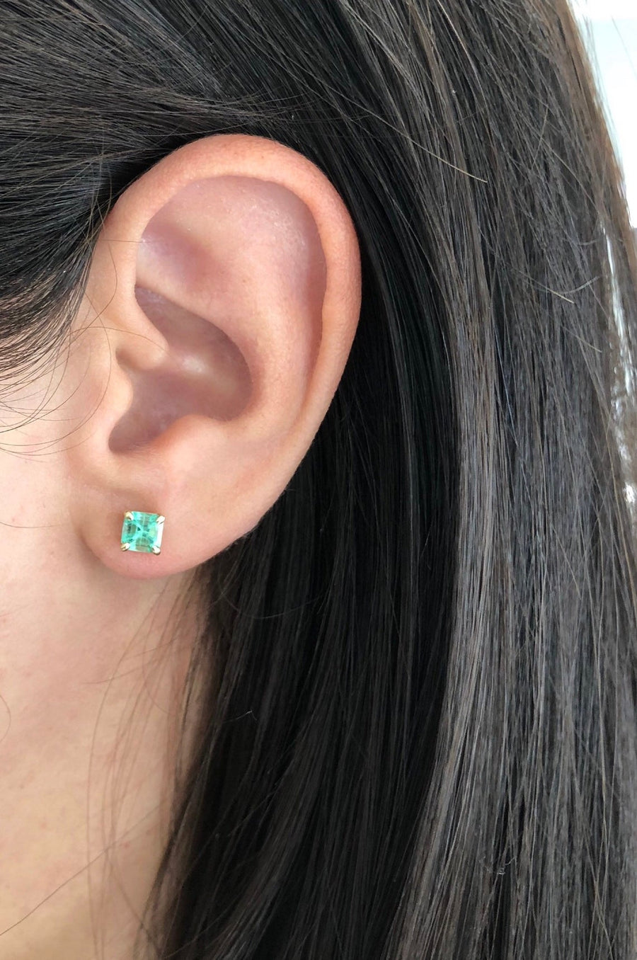 14K 1.05tcw Real Colombian Emerald Asscher Cut Stud Earrings girl wearing