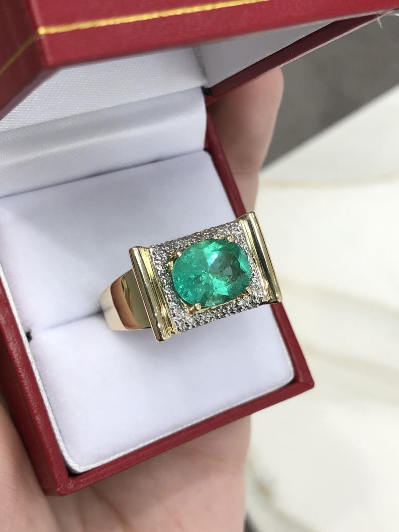 14K East to West Statement Size Large Oval Emerald & Diamond Cluster 1950s Ring 6.08tcw