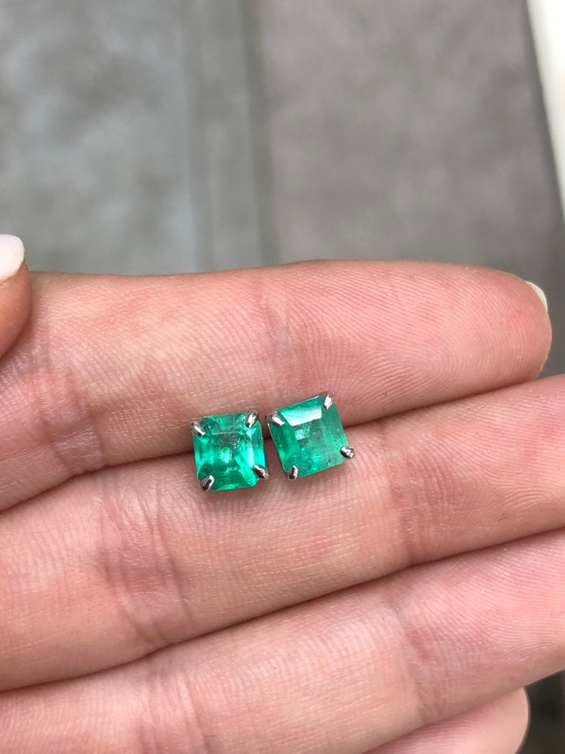 2.15tcw Translucent Rich Spring Green Beautiful Colombian Emerald White Gold Studs 14K