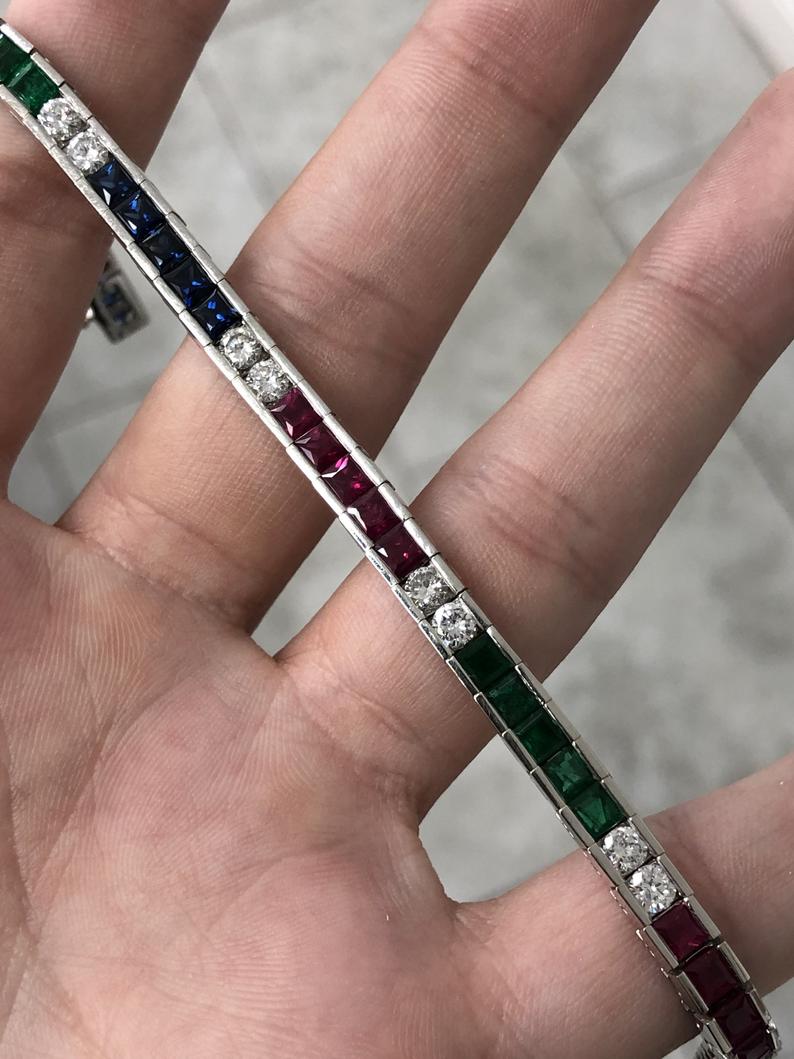 13.17tcw Emerald Sapphire Ruby & Diamond Tennis Bracelet