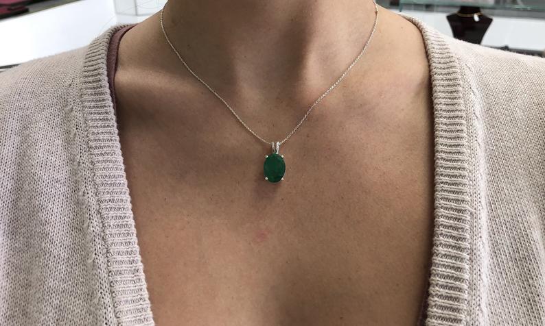 Dark Green Oval Emerald Silver Necklace