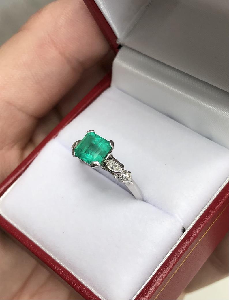 Asscher Rich Green Emerald 1.47tcw & Marquise Diamond Accent Ring 18K Platinum