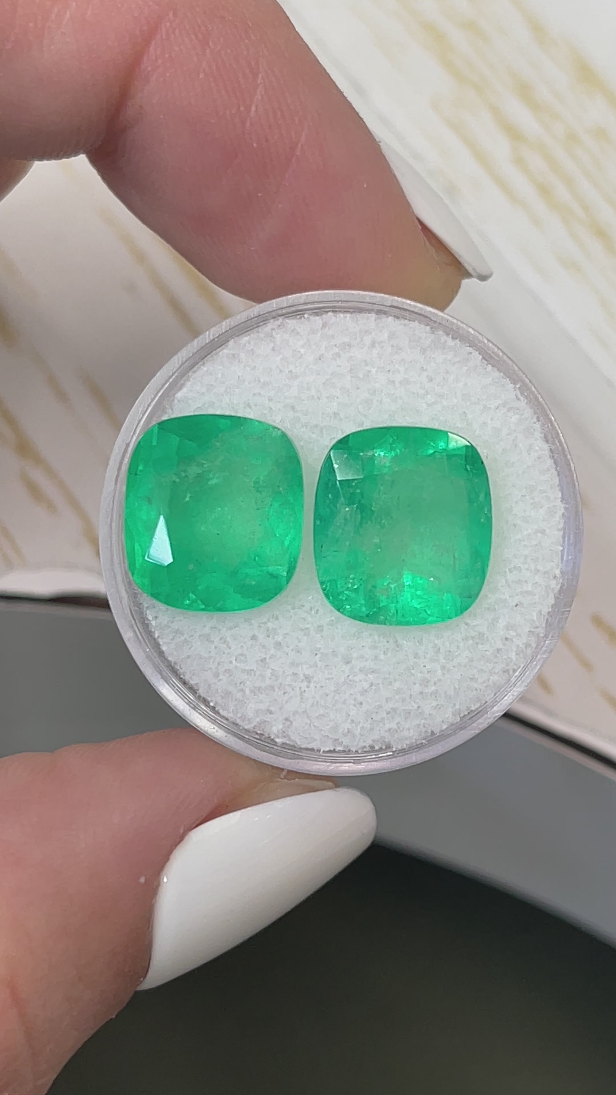 11.11tcw 12x11 Matching Yellowish Green Natural Loose Colombian Emeralds-Cushion Cut