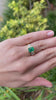 18K Three Stone 2.68tcw Dark Green Emerald & Emerald Cut Diamond Gypsy Bezel Ring